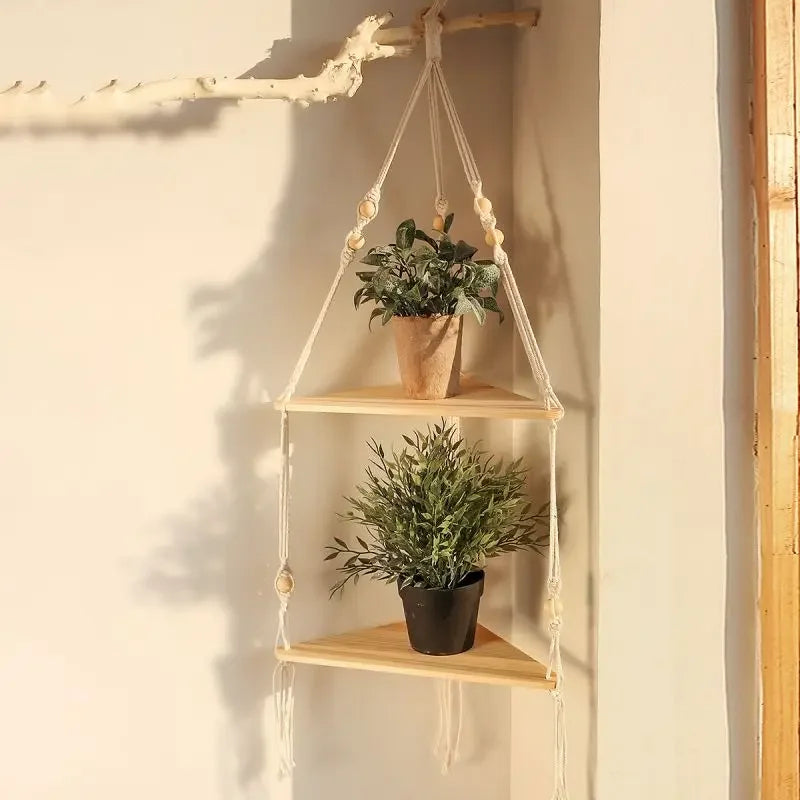 1 Set Wood Wall Shelf Macrame Swing Hanging Floating Display